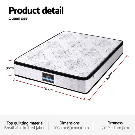 Giselle Bedding Queen Mattress 30cm Pocket Spring Euro Top Medium Firm Foam