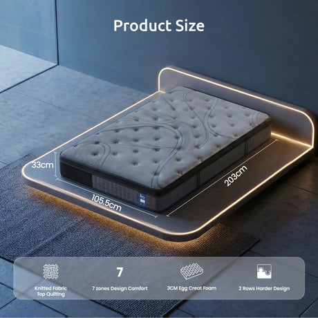 Levitex 33 cm Mattress 8.0 Extra Firm 7-Zone Pocket Spring Mattress with Dual-Row Edge Support & Breathable Knit Cover King Single