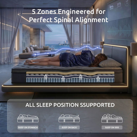 Levitex 34 cm Pocket Spring Mattress with Reinforced Edge Support & 5-Zone Pressure Relief Breathable Gel Memory Foam Hybrid Mattress for Back Pain king
