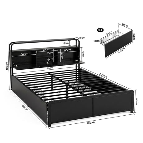 Artiss Queen Metal Bed Frame 4 Drawers Hidden Storage Headboard HEDY