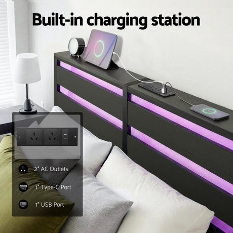 Artiss Bed Frame Double Size LED Metal Bed Base with Charging Station