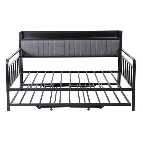 Artiss Bed Frame Double LED Metal Trundle Daybed with Charging Station TURN