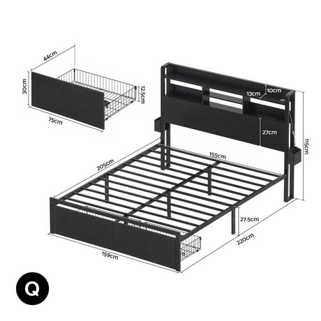 Artiss Bed Frame Queen with Charging Station Storage Organizer Drawers LED ZAC