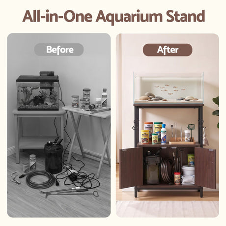 Artiss 20 Gallon Fish Tank Stand 3-Tier Aquarium Stand with Storage Cabinet and Open Shelf Walnut