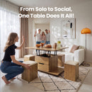 Fittro 3-in-1 Lift Top Coffee Table with 4 Chairs, Dining Table Work Desk Built-in Storage, Hydraulic Swivel, Lockable Castors, Space-Saving for Living Rooms & Flats, Apartments