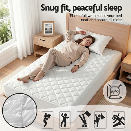 Giselle Waterproof Mattress Protector 100% Cotton Quilted Fitted Cover Single