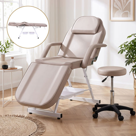 Zenses Beauty Bed with Stool, Beige, Adjustable Facial Massage Table, Tattoo Chair, Salon Services
