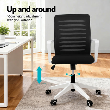 Artiss Ergonomic Office Chair Mesh Computer Desk Chairs with Lumbar Support, Height Adjustment Swivel Chair Mid Back for Home Office Study, Black and White