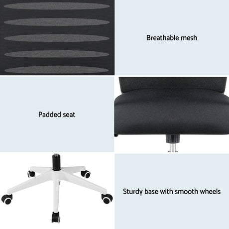 Artiss Ergonomic Office Chair Mesh Computer Desk Chairs with Lumbar Support, Height Adjustment Swivel Chair Mid Back for Home Office Study, Black and White