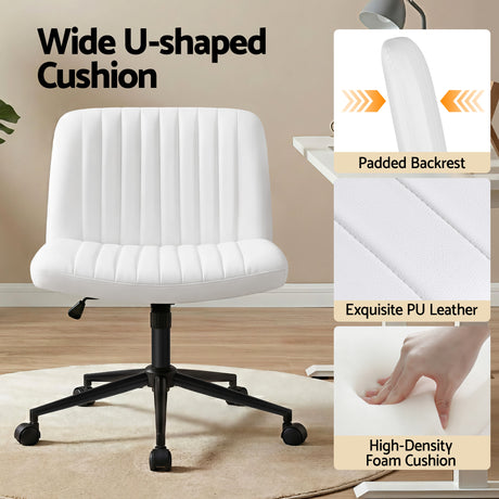 Artiss Criss Cross Chair with Wheels Wide Cross Legged Office Desk Vanity Chair PU Leather, Armless Height Adjustable Swivel Home Office Chair for Home Computer Task, White