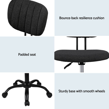 Artiss Armless Office Chair with Wheels, Ergonomic 360° Swivel Home Office Desk Chair, Height Adjustable Computer Task Chair with Fabric Back and Seat for Small Space, Black