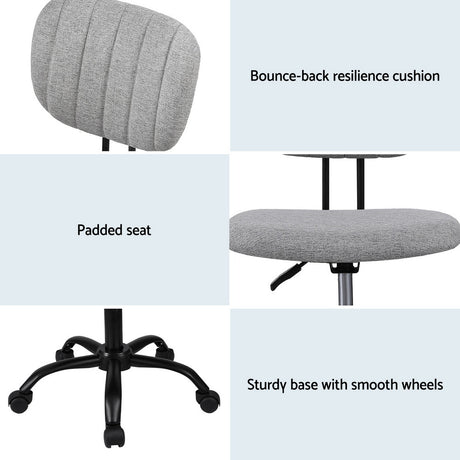 Artiss Armless Office Chair with Wheels, Ergonomic 360° Swivel Home Office Desk Chair, Height Adjustable Computer Task Chair with Fabric Back and Seat for Small Space, Grey
