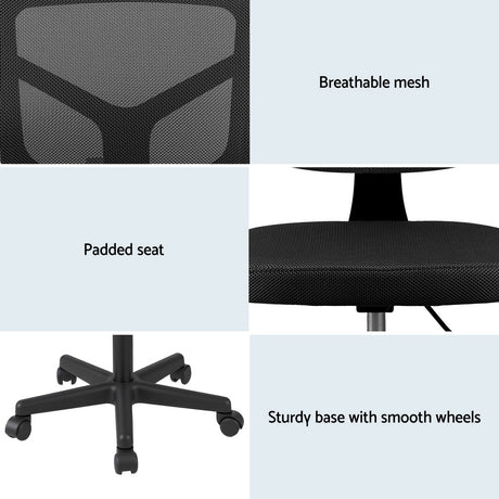 Artiss Armless Office Chair with Wheels, Ergonomic 360° Swivel Home Office Desk Chair, Height Adjustable Computer Task Chair with Fabric Back and Seat for Small Space, Black