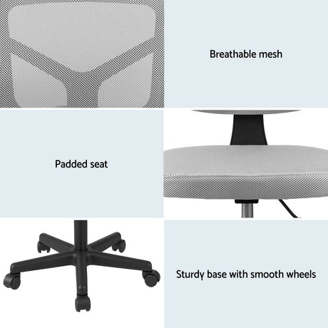Artiss Armless Office Chair with Wheels, Ergonomic 360° Swivel Home Office Desk Chair, Height Adjustable Computer Task Chair with Fabric Back and Seat for Small Space, Grey