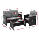Gardeon 4-Piece Outdoor Sofa Set Coffee Table Chair Rattan Furniture Black