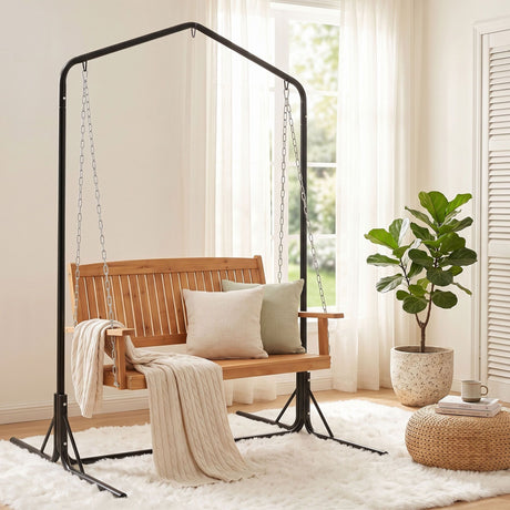 Gardeon Wooden 2-Seater Outdoor Swing Chair with Black Stand Hanging Chair Patio Furniture