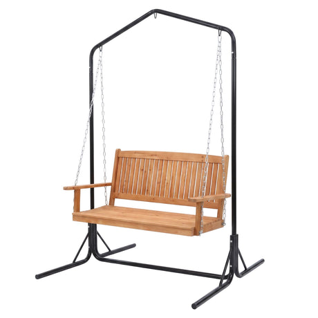 Gardeon Wooden 2-Seater Outdoor Swing Chair with Black Stand Hanging Chair Patio Furniture