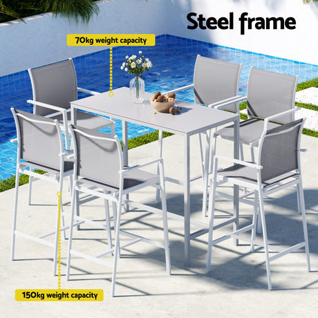 Gardeon 7PCS Outdoor Bar Set Stools Dining Chairs Table Patio Steel Bistro Set White