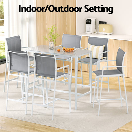 Gardeon 7PCS Outdoor Bar Set Stools Dining Chairs Table Patio Steel Bistro Set White