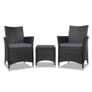 Gardeon 3PC Outdoor Bistro Set Patio Furniture Wicker Chairs Table Cushion All Black