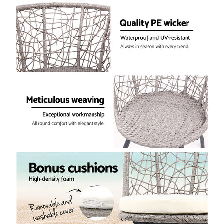 Gardeon 3PC Bistro Set Outdoor Furniture Rattan Table Chairs Patio Garden Cushion Grey