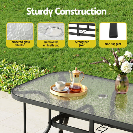 Gardeon 120CM Outdoor Dining Table Steel Parasol Hole Desk Patio Furniture Black