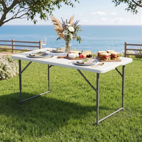 Gardeon 123cm Folding Table Portable Fold-in-Half with Handle Camping Picnic Adjustable Height