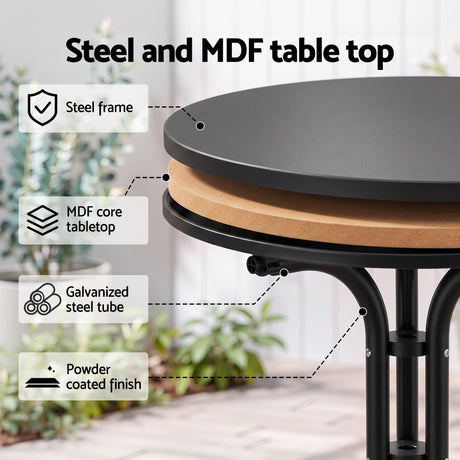 Gardeon Outdoor Side Table 80cm Folding Steel Round Bistro Desk Cafe Patio Furniture Black