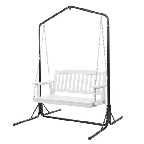 Gardeon Wooden 2-Seater Outdoor Swing Chair with Black Stand White Hanging Chair