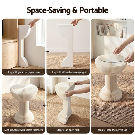 Artiss Paper End Table Honeycomb Coffee Table Foldable Round Bedside Side Table White 40x55cm