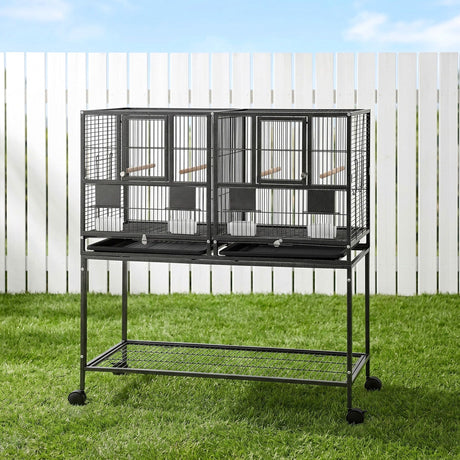 i.Pet 106cm 2-in-1 Bird Cage Aviary with Divider Parrot Budgie Wheels Black