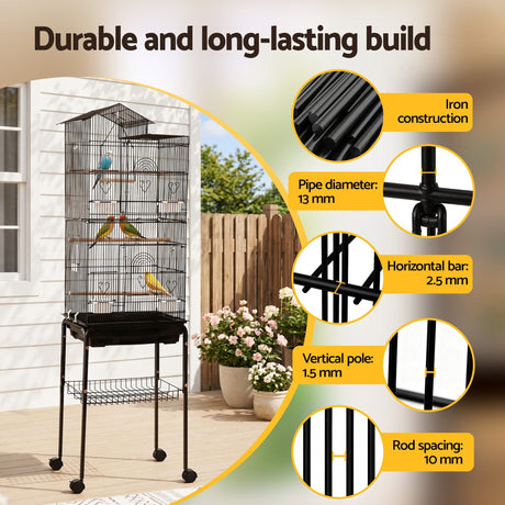 i.Pet 158cm Bird Cage Aviary Parrot Budgie Stand Wheels Black
