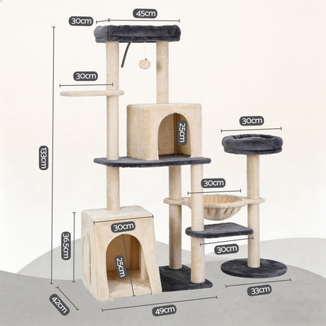 i.Pet Cat Tree Tower 133cm Rotatable L-Shape Design Scratching Post Furniture Scratcher House Grey & Beige