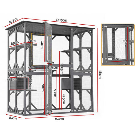 i.Pet Cat House 181cm Outdoor Catio Enclosure Walk-In Large Rabbit Hutch Grey