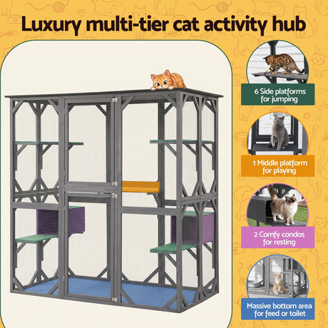 i.Pet Cat House 181cm Outdoor Catio Enclosure Walk-In Large Rabbit Hutch Grey