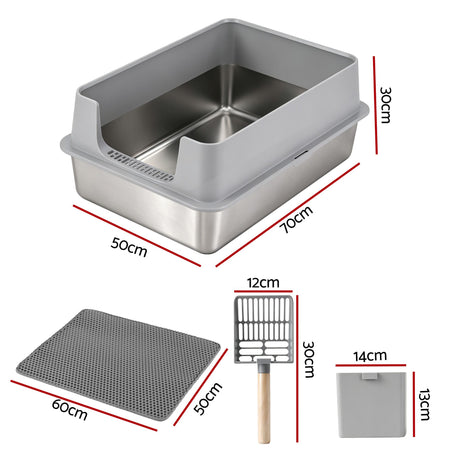 i.Pet XXL Cat Litter Box Stainless Steel Jumbo Semi-Enclosed Pet Kitty Toilet Grey