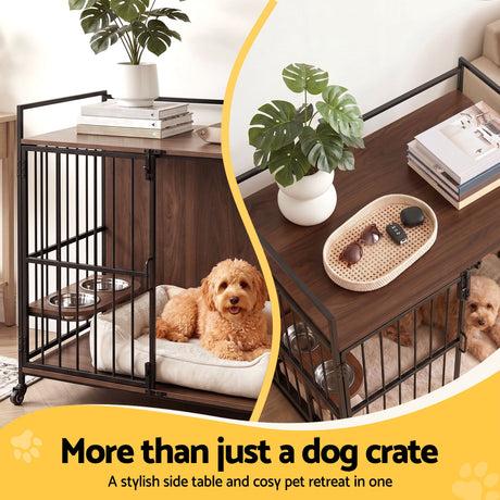 i.Pet 2-in-1 Wooden Dog Crate 99cm Pet Cage Furniture End Table Wheels Black