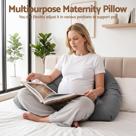 Giselle Bedding Pregnancy Pillow for Side Sleeping L-Shaped Maternity Body Pillow for Women 100% Cotton Jersey Cover for Head Neck Belly Support, 63x115 cm Grey