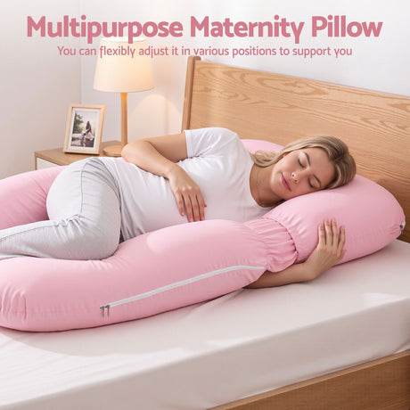 Giselle Bedding Pregnancy Pillow U Shaped Full Body Pillow with 100% Cotton Jersey Cover Maternity Pillow for Sleeping Reading, Pink, 73x133cm