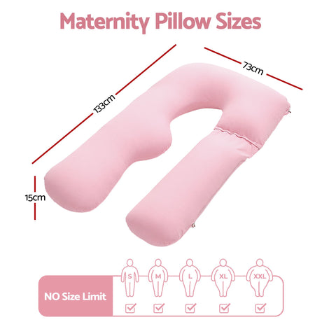 Giselle Bedding Pregnancy Pillow U Shaped Full Body Pillow with 100% Cotton Jersey Cover Maternity Pillow for Sleeping Reading, Pink, 73x133cm