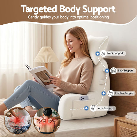 Giselle Bedding Reading Pillow with Detachable Neck Roll & Armrests Sit Up Pillow for Bed Back Support Pillow for Watching TV & Gaming Beige