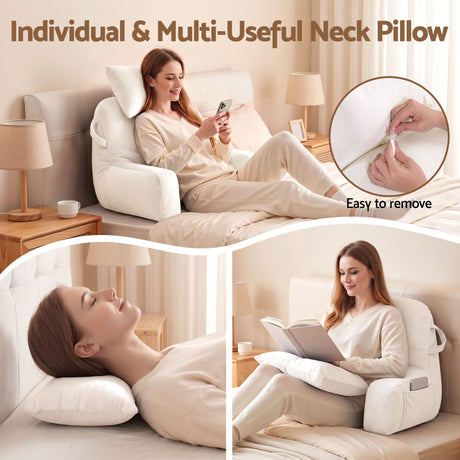 Giselle Bedding Reading Pillow with Detachable Neck Roll & Armrests Sit Up Pillow for Bed Back Support Pillow for Watching TV & Gaming Beige