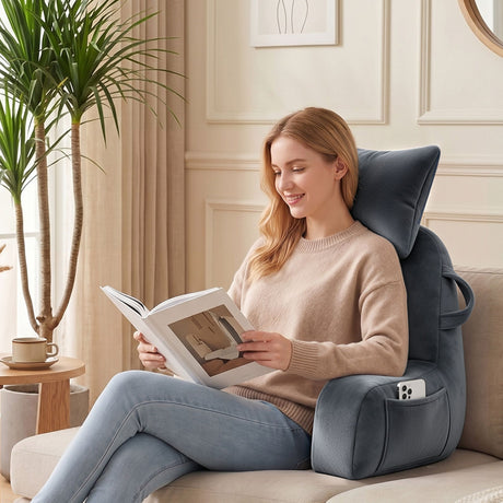 Giselle Bedding Reading Pillow with Detachable Neck Roll & Armrests Sit Up Pillow for Bed Back Support Pillow for Watching TV & Gaming Gray