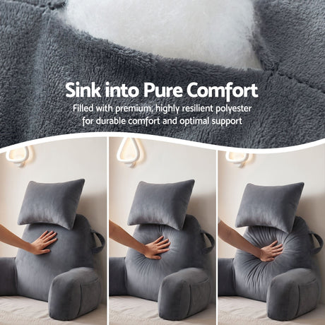 Giselle Bedding Reading Pillow with Detachable Neck Roll & Armrests Sit Up Pillow for Bed Back Support Pillow for Watching TV & Gaming Gray