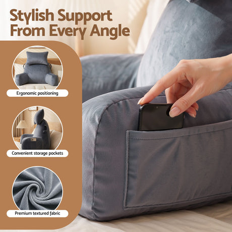 Giselle Bedding Reading Pillow with Detachable Neck Roll & Armrests Sit Up Pillow for Bed Back Support Pillow for Watching TV & Gaming Gray