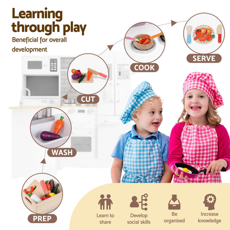 Keezi Kids Wooden Toy Kitchen with 29pc Play Food and Cookware Set