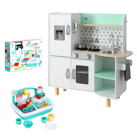 Keezi Kid Pretend Kitchen Wooden Play Sink Playset Dishwasher Toys Green