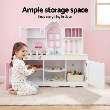 Keezi Wooden Kids Pretend Kitchen Playset with 29pc Food Set Pink White