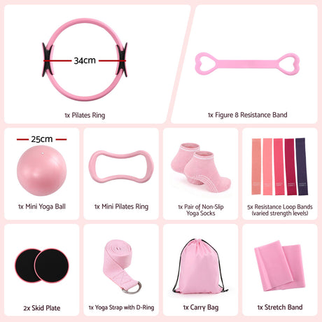 Everfit Pilates Ring Set for Women, 15pcs Home Workout Pilates Equipment with Ring, Ball, Yoga Socks, D-Ring etc. Pilates Starter Kit for Strength, Toning and Flexibility Pink