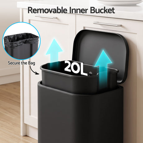 Cefito 20L Trash Bin Steel Pedal Bins Soft Close Kitchen Rubbish Waste Can Black
